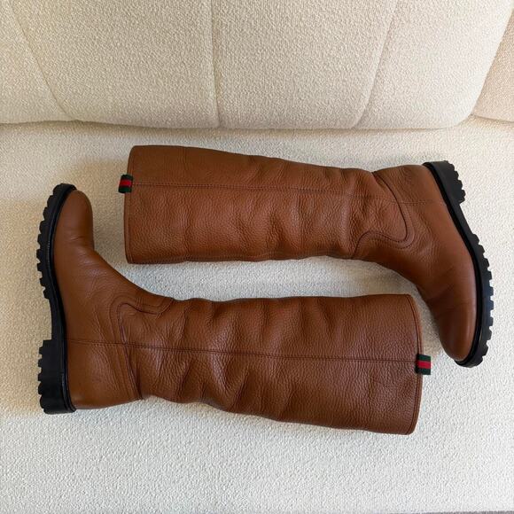 Authentic Gucci Fur Lined Tan Knee High Leather Boots Size 37 / 7 US Shelly - Picture 6 of 8